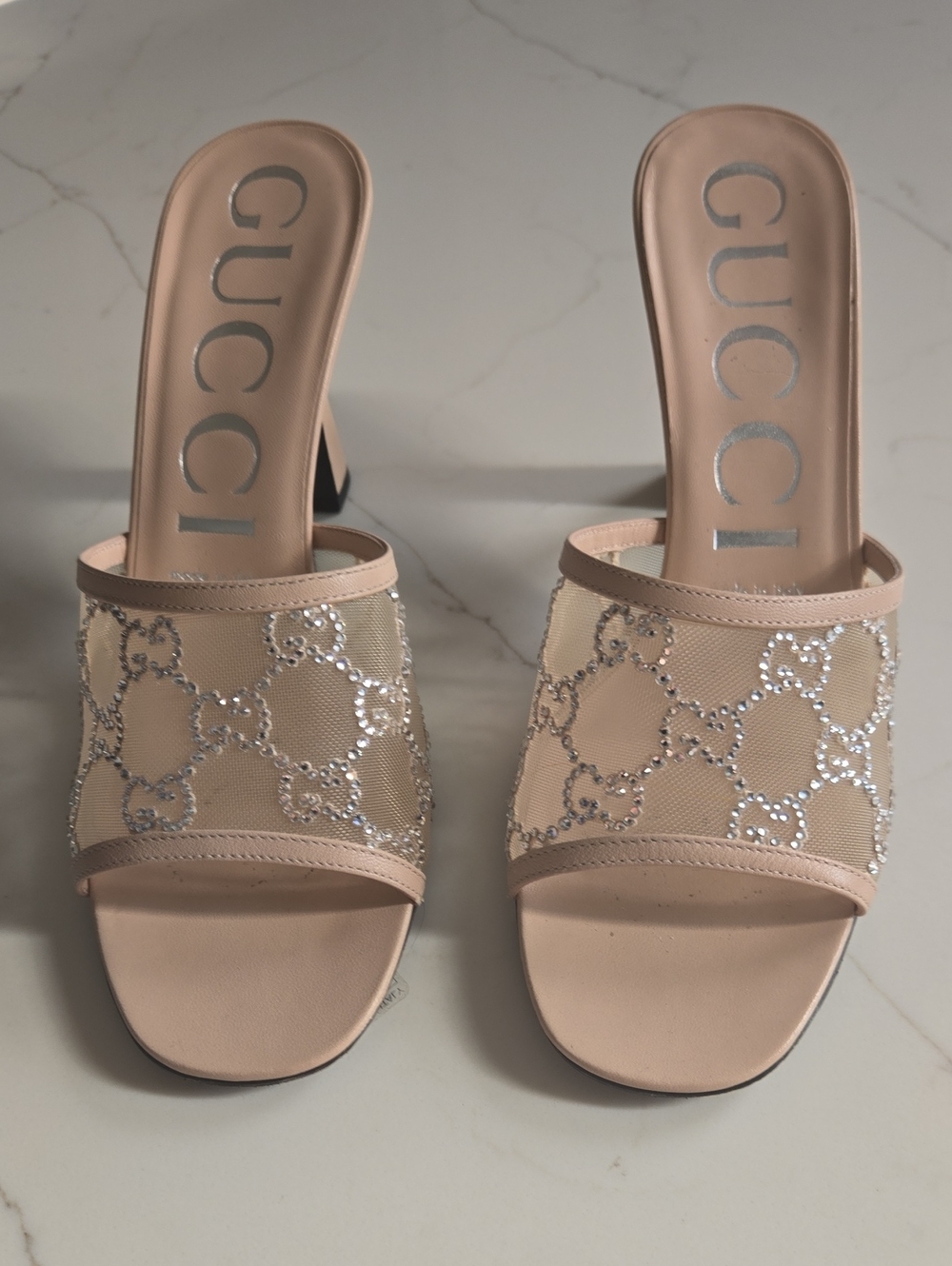 Gucci Beige Sequined Iconic Gucci Logo Open-Toe Slide Mules
